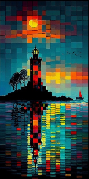 Painting of lighthouse with sailboat in the background generative ai