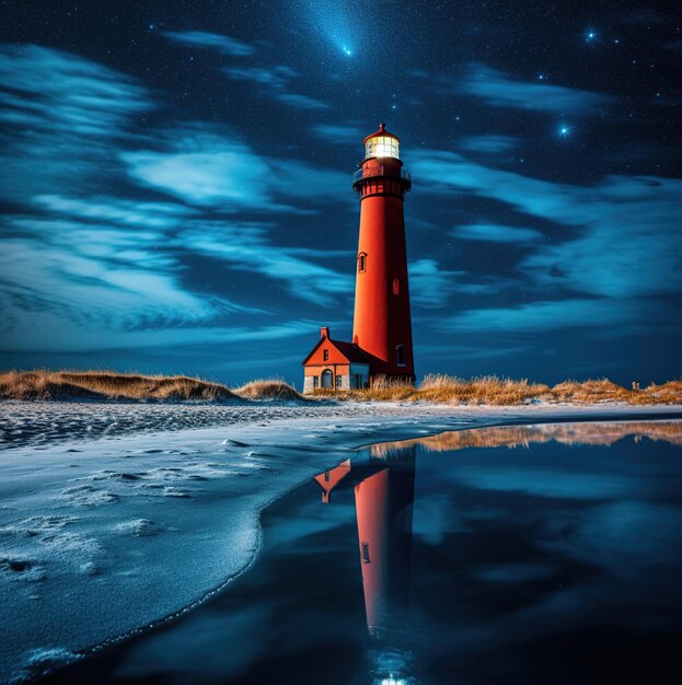 a painting of a lighthouse with the stars in the background.