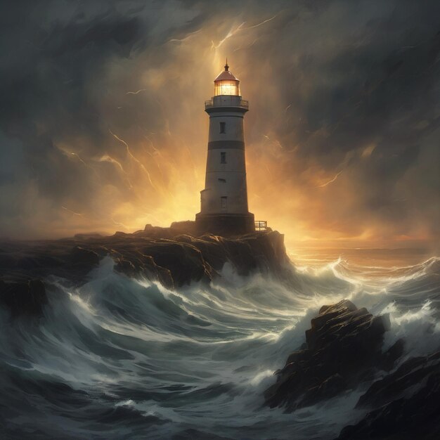 a painting of a lighthouse with a stormy sky in the background