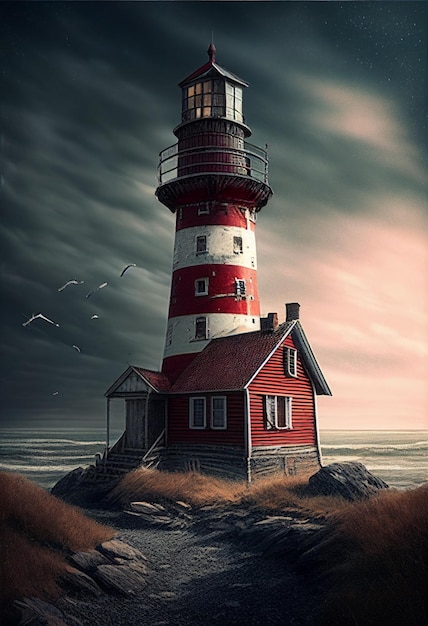 A painting of a lighthouse with the words " lighthouse " on the top.