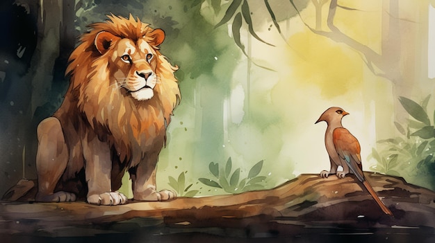 Painting of a lion and a bird sitting on a log generative ai