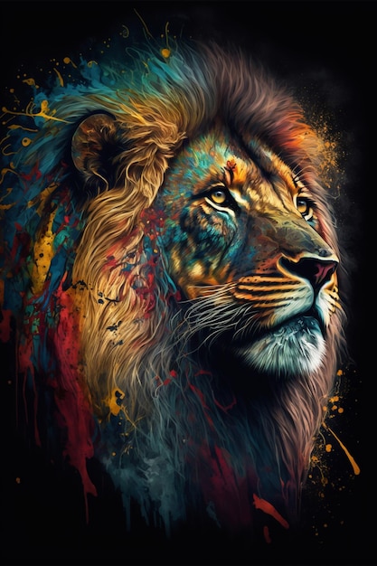 Painting of a lion on a black background generative ai