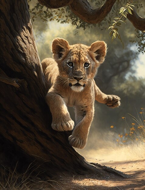 A painting of a lion cub on a tree