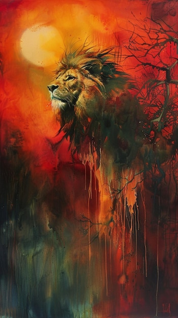 painting of a lion in a forest with a full moon in the background generative ai