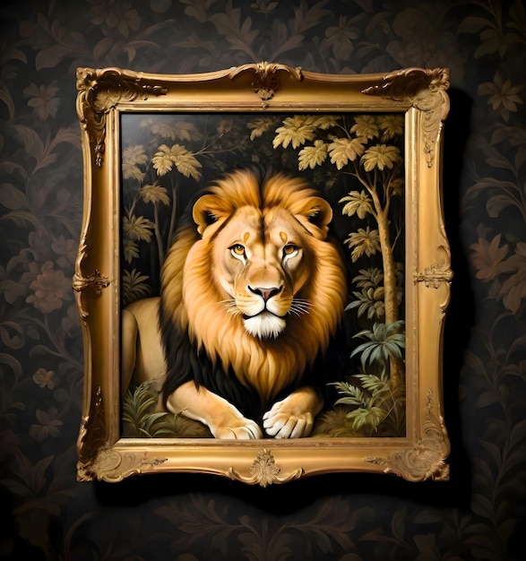 Photo painting of a lion in a gold frame