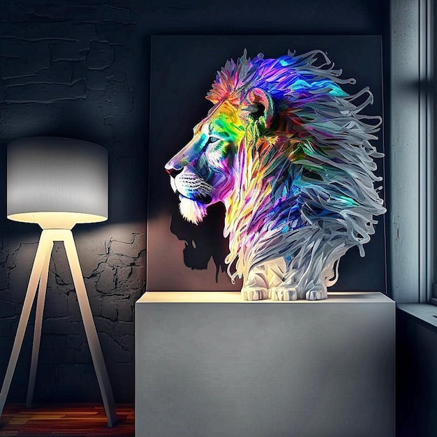 A painting of a lion head is on a stand in front of a lamp.