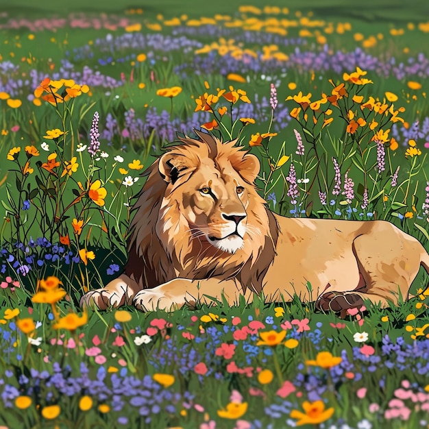 a painting of a lion laying in a field of flowers