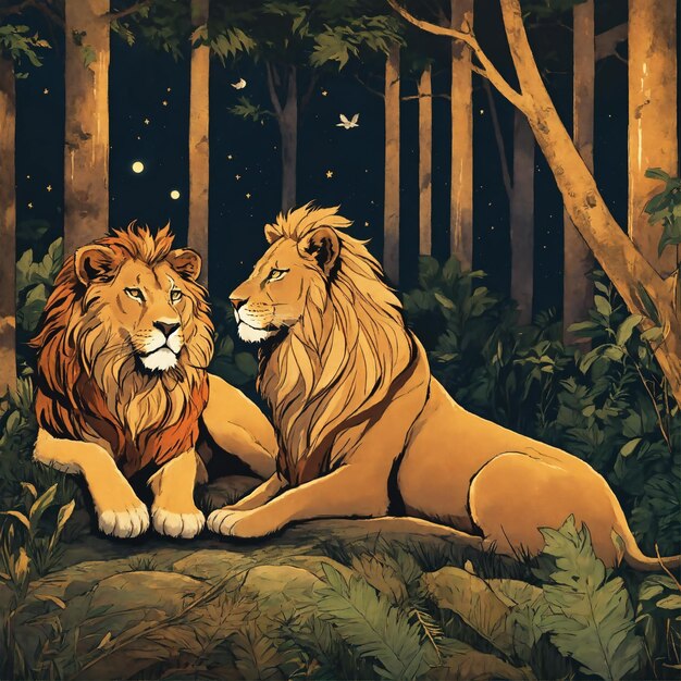 a painting of a lion and a lion in the forest