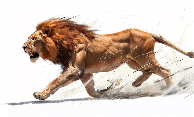 Photo painting of a lion running on a white background with a white background generative ai