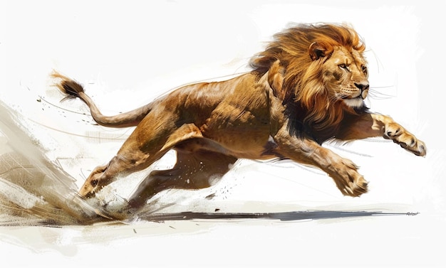 Photo painting of a lion running on a white background with a white background generative ai