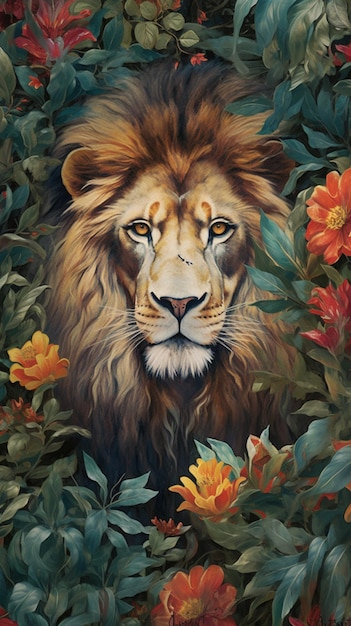 A painting of a lion's head surrounded by flowers.