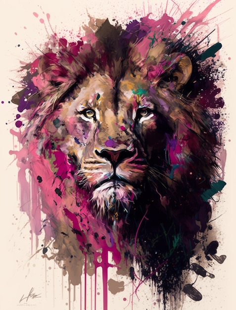 A painting of a lion's head with a purple and pink background.