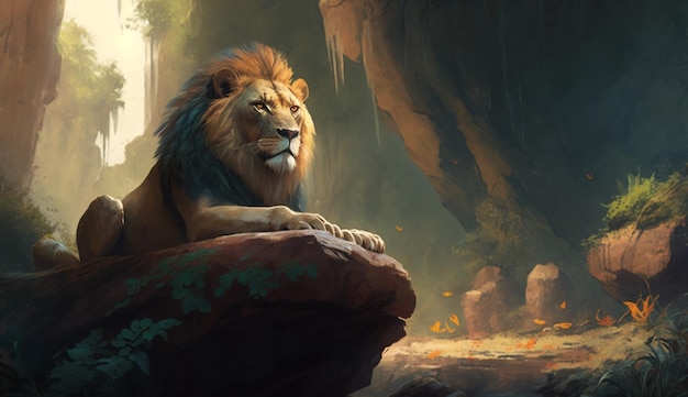 A painting of a lion sitting on a rock in a jungle Ai Generative