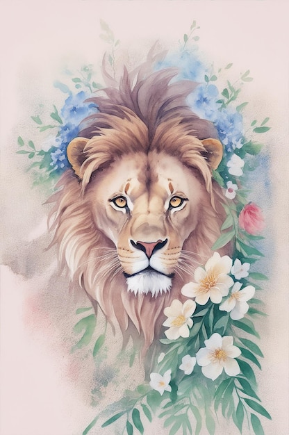 A painting of a lion surrounded by flowers an airbrush painting