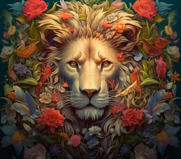 painting of a lion surrounded by flowers and leaves generative ai