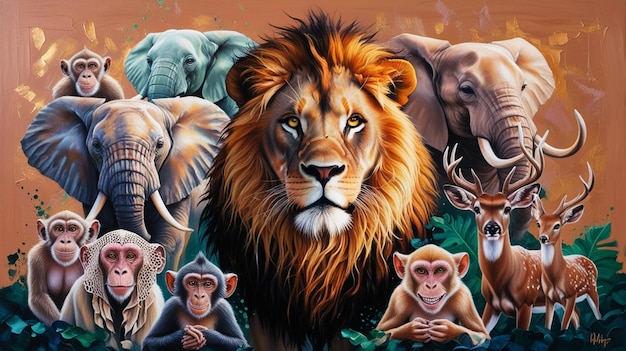 a painting of a lion and the wild animals