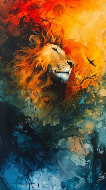 painting of a lion with a bird flying in the background generative ai