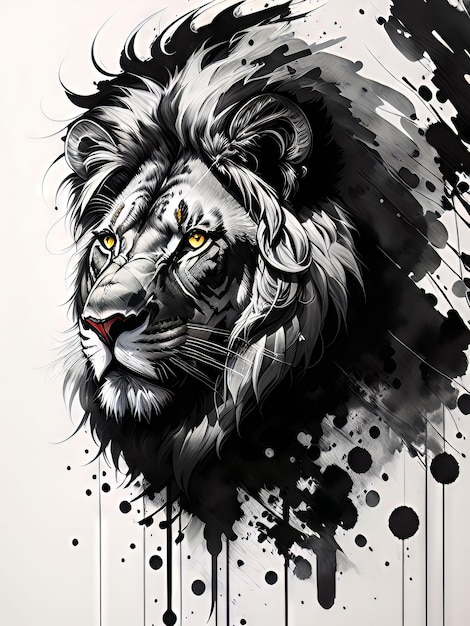 A painting of a lion with a black and white face.