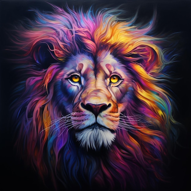 painting of a lion with a colorful mane on a black background generative ai