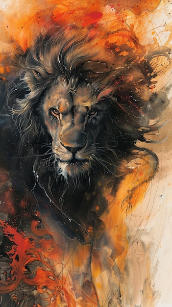 painting of a lion with a red and orange background generative ai