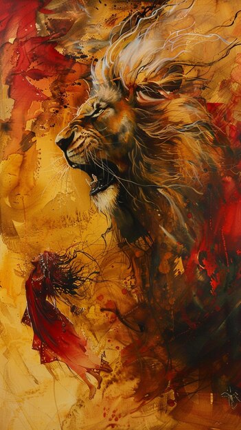 painting of a lion with a red umbrella in front of it generative ai