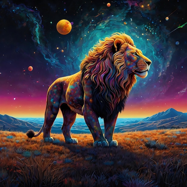 a painting of a lion with a star and the title lion on it