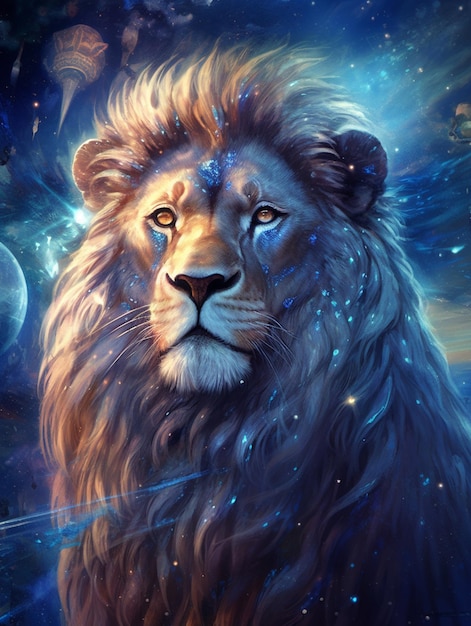 Painting of a lion with a starry background and a full moon generative ai