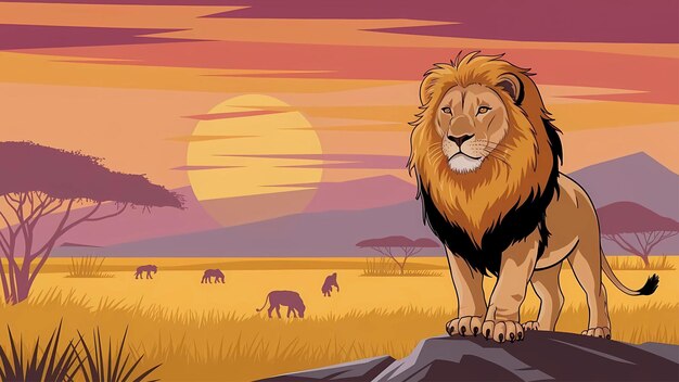 a painting of a lion with a sunset in the background