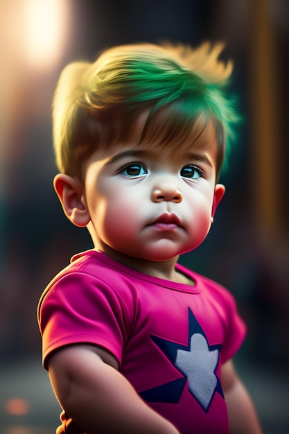 A painting of a little boy with green hair