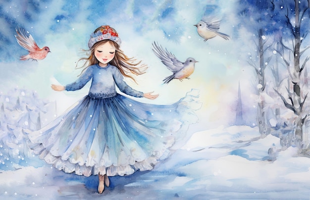 A painting of a little girl dressed as a ballerina with bird Winter concept