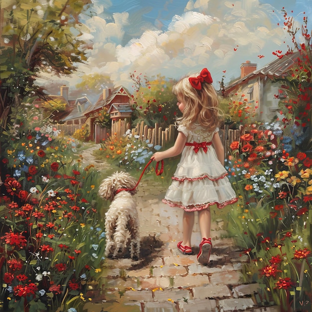 a painting of a little girl and her dog in a garden