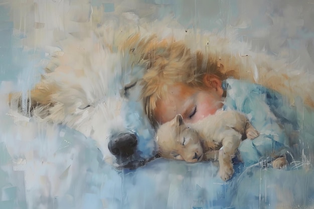 Painting of a little girl sleeping with her puppy in her arms