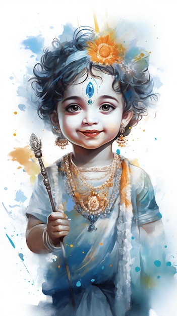 A Painting of Little Krishna in Watercolor Isolated Background