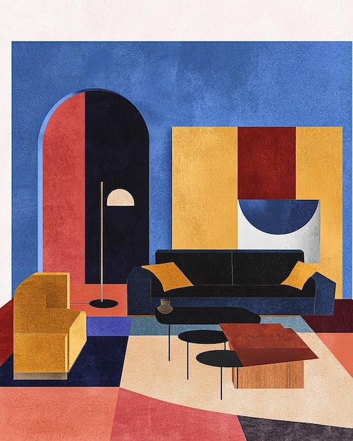 a painting of a living room with a couch and a chair