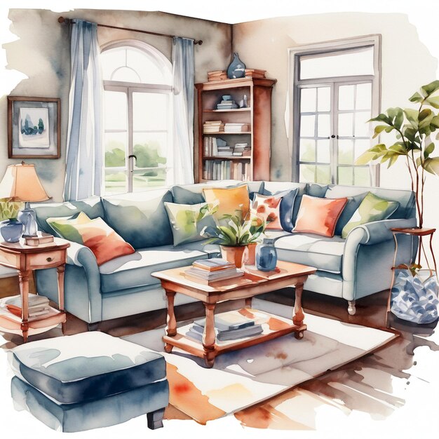 a painting of a living room with a couch and a coffee table