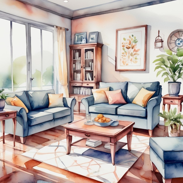 a painting of a living room with a couch and a coffee table