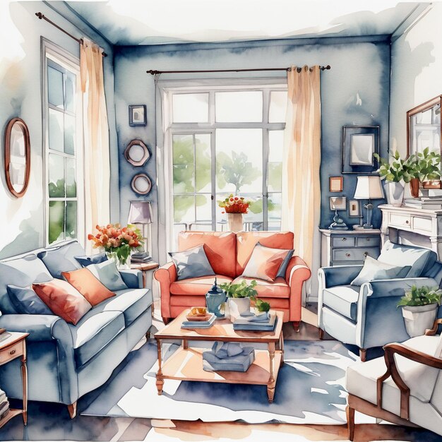 a painting of a living room with a couch and a coffee table