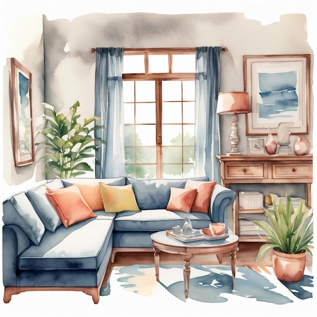 Photo a painting of a living room with a couch and a coffee table