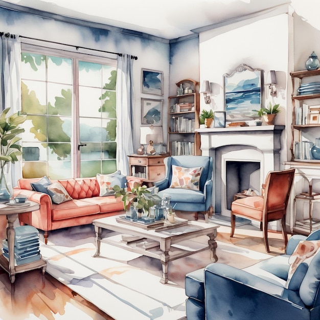 a painting of a living room with a fireplace and a couch