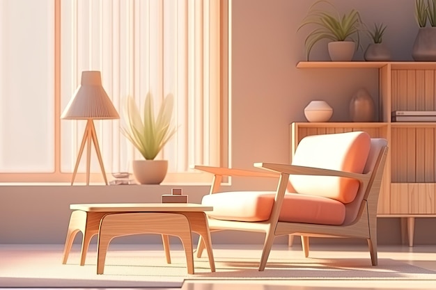 A painting of a living room with a lamp and a lamp.