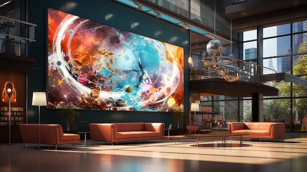 a painting of a living room with a large picture of a large planet