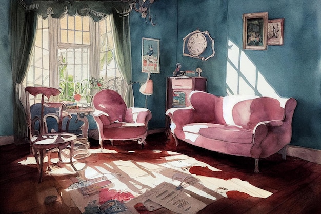 A painting of a living room with a pink couch and a window with the words " the time " on it.