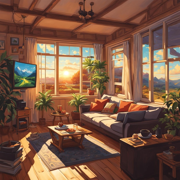 a painting of a living room with a view of the mountains and clouds