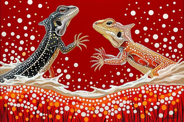 Photo a painting of lizards and an orange and white one that is on a red background