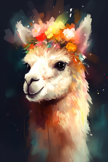 A painting of a llama with a wreath of flowers on it.