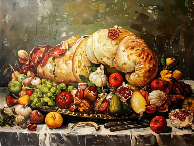 a painting of a loaf of bread and fruit on a table