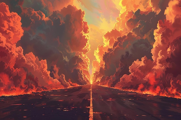 a painting of a long road with a long straight road