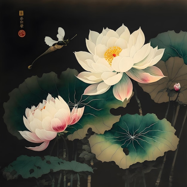 A painting of a lotus flower and a dragonfly