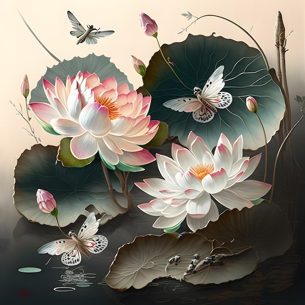 A painting of a lotus flower with butterflies on it