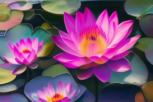 A painting of a lotus flower with leaves on it